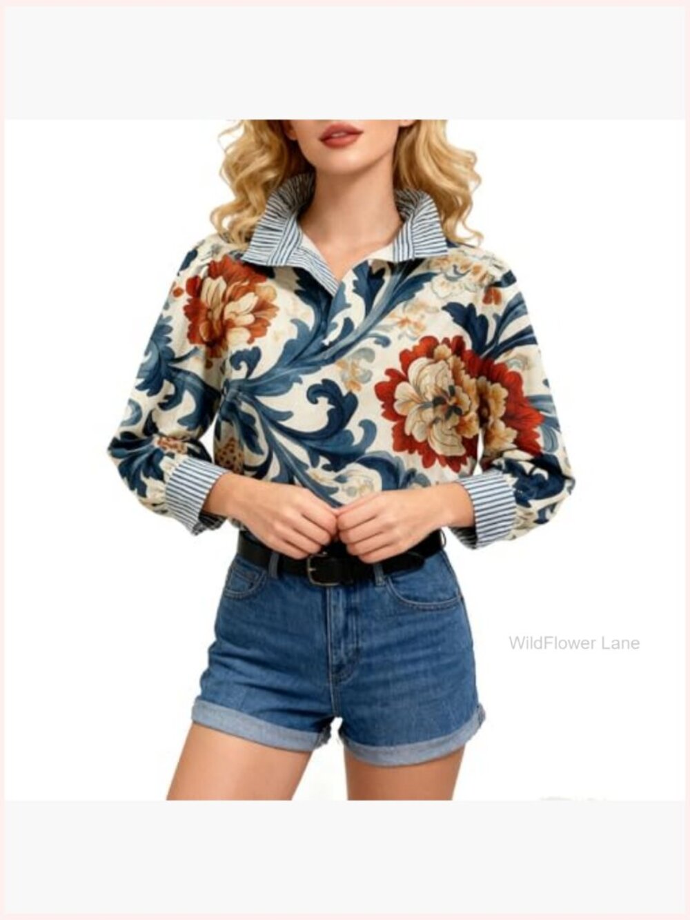 V Neck Button Down Blouse Long Sleeve Floral Top Boho Shirt - Picture 5 of 7